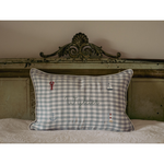 Duck egg blue gingham linen nautical cushion with embroidered sea-themed designs and personalized name "Wylder"
