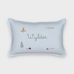 Woodland Keepsake Linen Cushion with embroidered fox, forest animals, and personalized name on light blue linen with white piping
