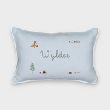 Woodland Keepsake Linen Cushion with embroidered fox, forest animals, and personalized name on light blue linen with white piping