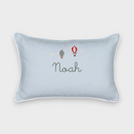 Duck egg blue linen cushion with embroidered vintage hot air balloons and personalized name Noah, white piping, 30x45cm.