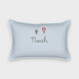 Duck egg blue linen cushion with embroidered vintage hot air balloons and personalized name Noah, white piping, 30x45cm.