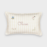 Botanical Linen Cushion with hand-embroidered floral designs and personalised name on beige check linen fabric with white piping.