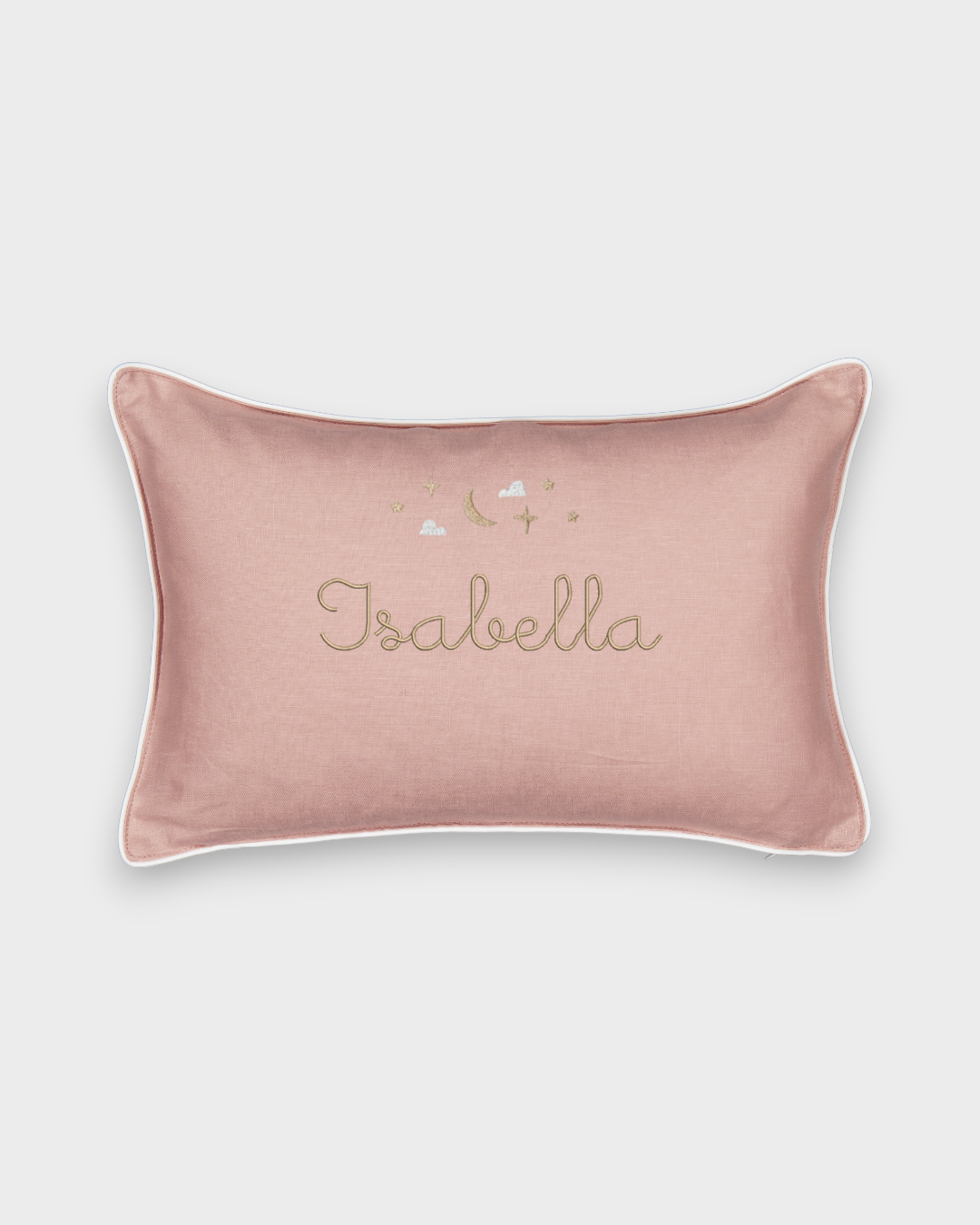 Pink Moon and Stars Cushion with embroidered name Isabella and celestial designs, white piping, removable linen cover, and soft insert.