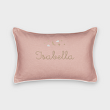 Pink Moon and Stars Cushion with embroidered name Isabella and celestial designs, white piping, removable linen cover, and soft insert.