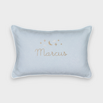 Light blue Moon and Stars Cushion with embroidered moon, stars, and personalized name, featuring white piping and natural linen back.