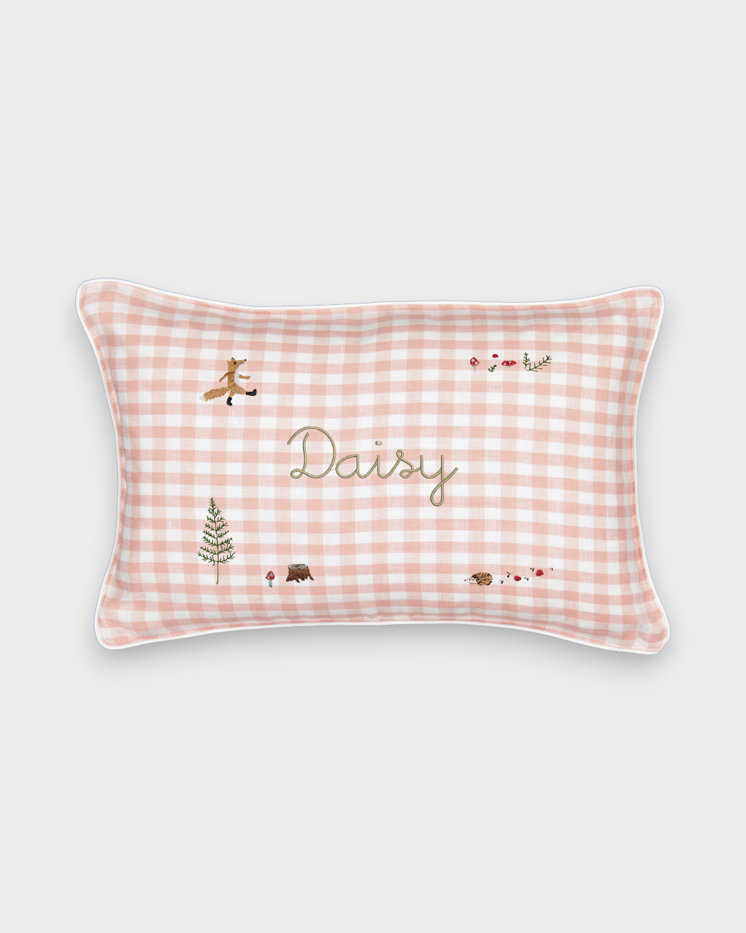 Woodland keepsake linen cushion with pink gingham pattern, embroidered fox, forest animals, and personalized name "Daisy"
