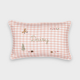 Woodland keepsake linen cushion with pink gingham pattern, embroidered fox, forest animals, and personalized name "Daisy"