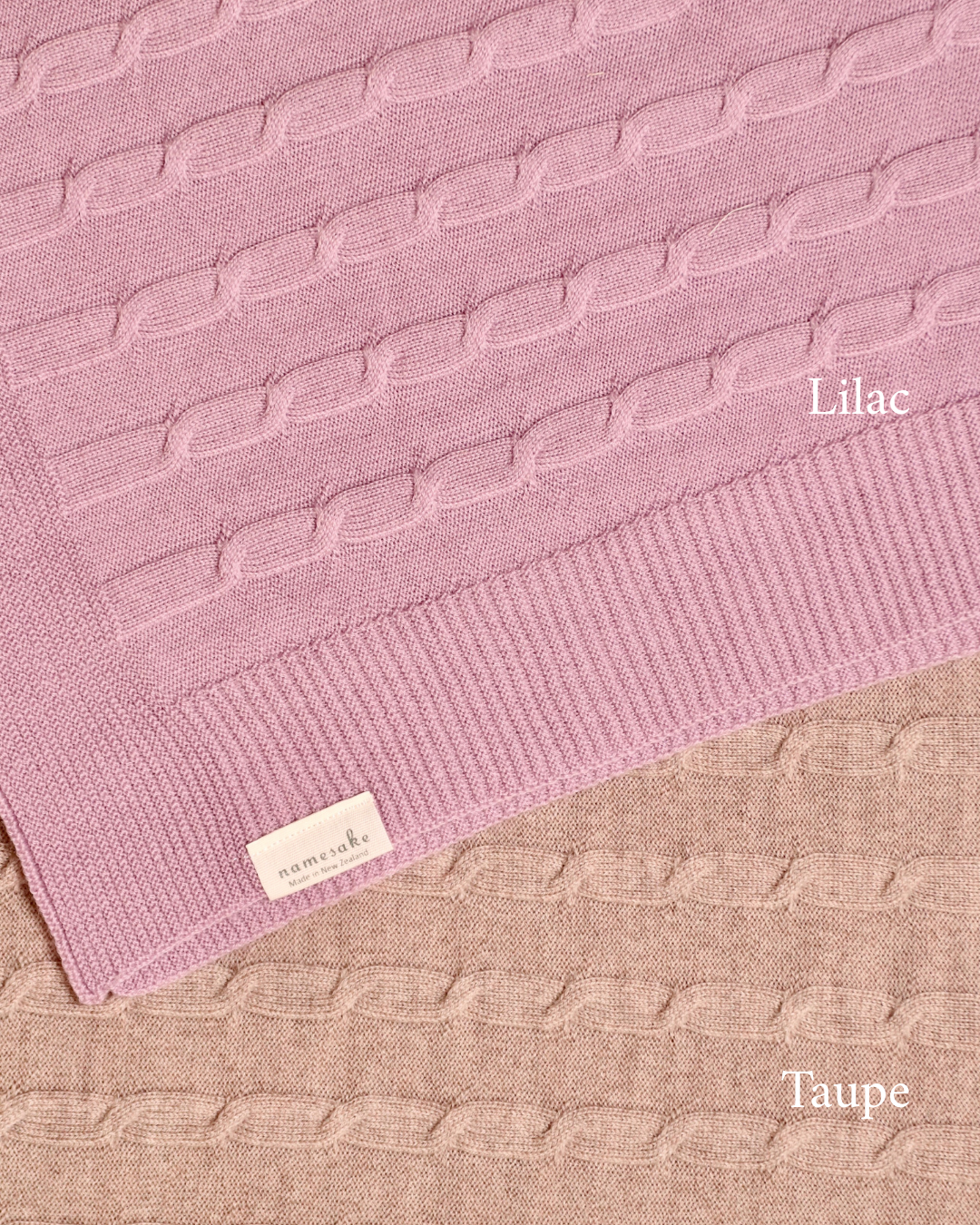 Merino baby blanket with moon and stars design, lilac and taupe colors.