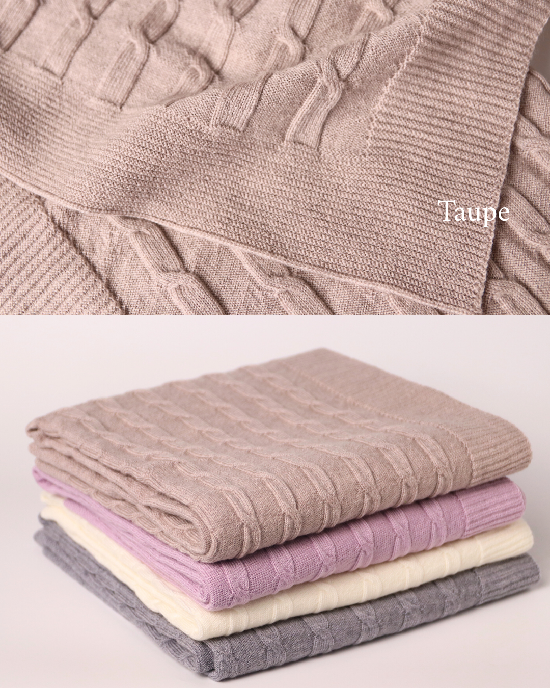 Merino baby blanket with moon and stars design, showcasing soft, breathable natural fibers in taupe, lilac, cream, and grey.