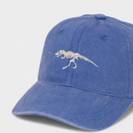 T-Rex embroidered blue hat with personalized text option, 100% washed cotton.