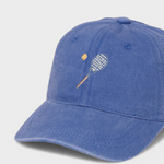 Blue personalised hat with hand-drawn tennis racket and ball embroidery.