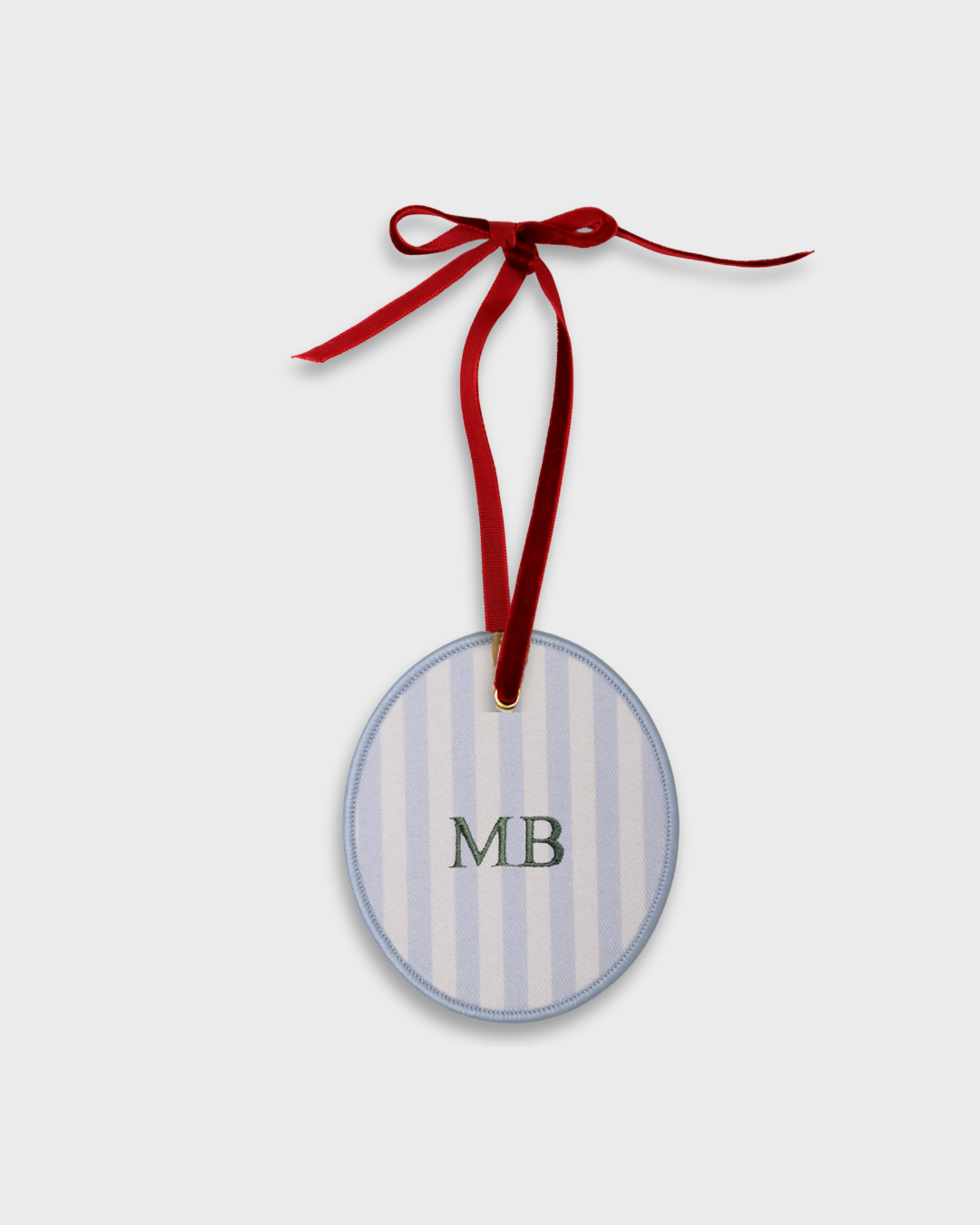 Personalized initials ornament with red velvet ribbon for holiday decor and gift decoration