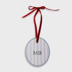 Personalized initials ornament with red velvet ribbon for holiday decor and gift decoration