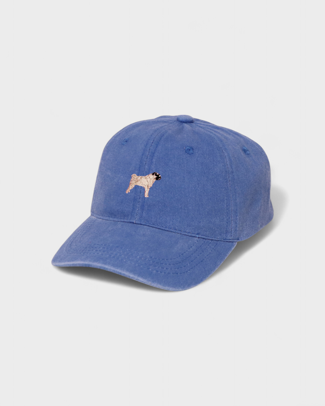 Pug Personalised Hat with embroidered pug design on blue cotton baseball cap.