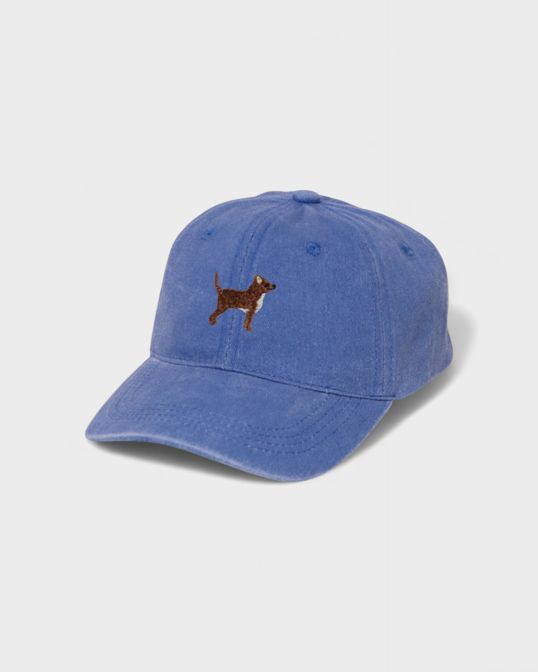 Blue baseball hat with embroidered brown Chihuahua dog on front, personalised cotton cap