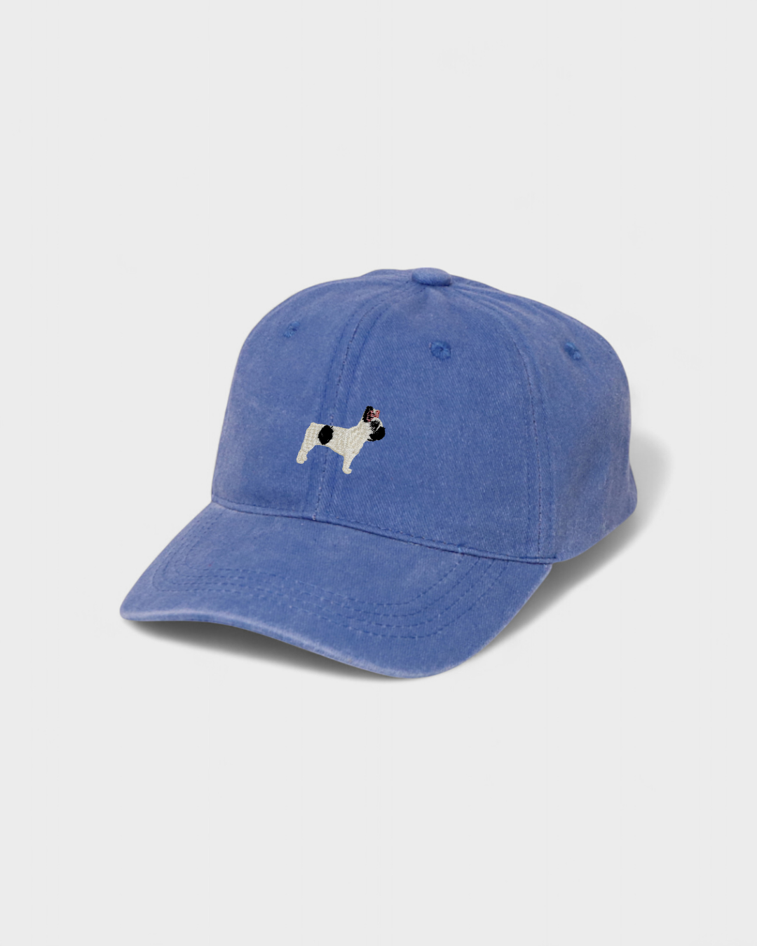 Blue cotton baseball hat with embroidered French Bulldog and personalized back embroidery option
