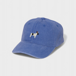 Blue cotton baseball hat with embroidered French Bulldog and personalized back embroidery option