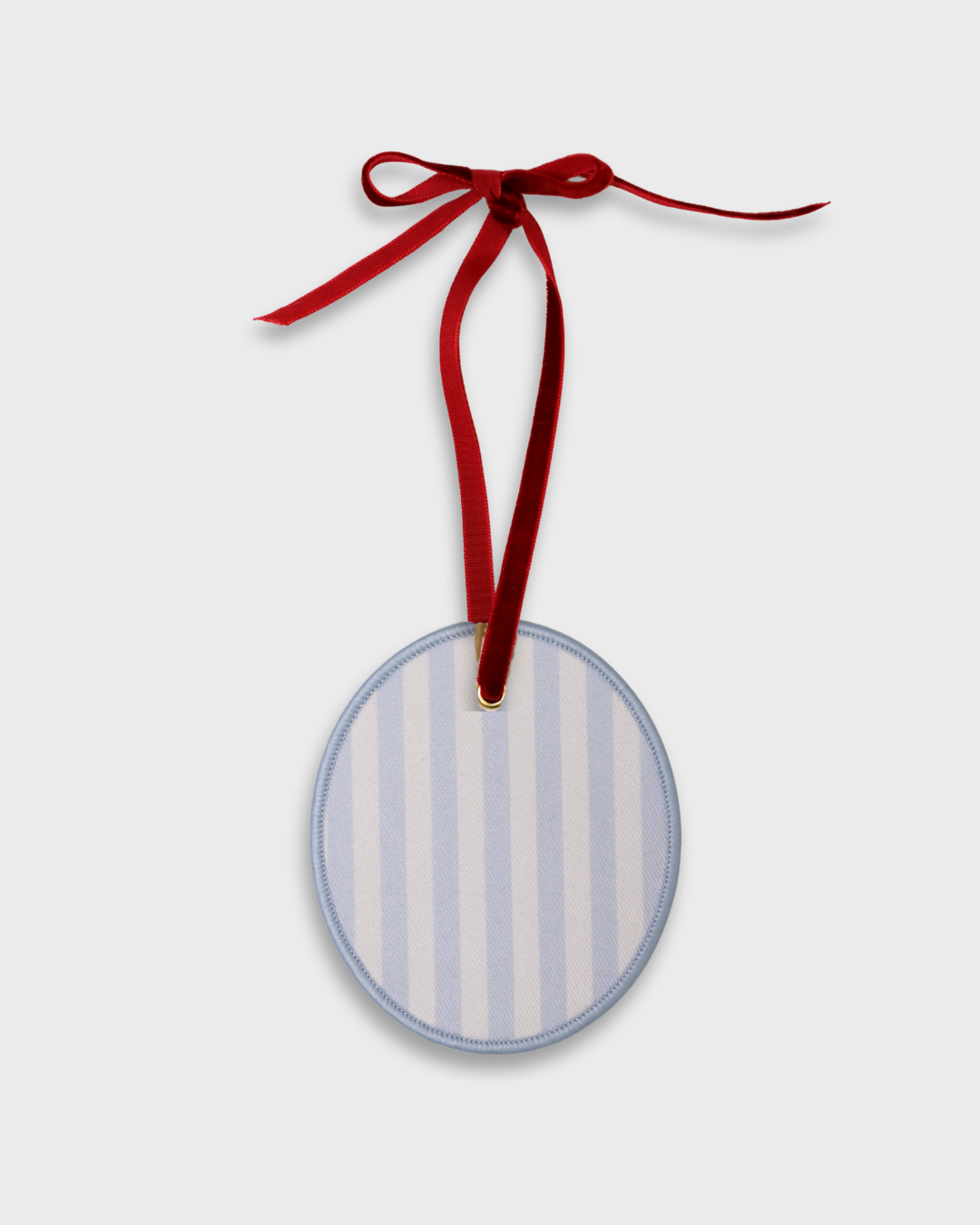 Round initials ornament with blue and white stripes and red velvet ribbon hanger, 10cm x 10cm holiday decoration charm