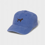 Blue baseball cap with embroidered Labradoodle design and personalized back embroidery, made of 100% washed cotton.