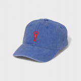 Blue washed cotton baseball cap with red hand-drawn lobster embroidery on the front, featuring personalized text option on the back.