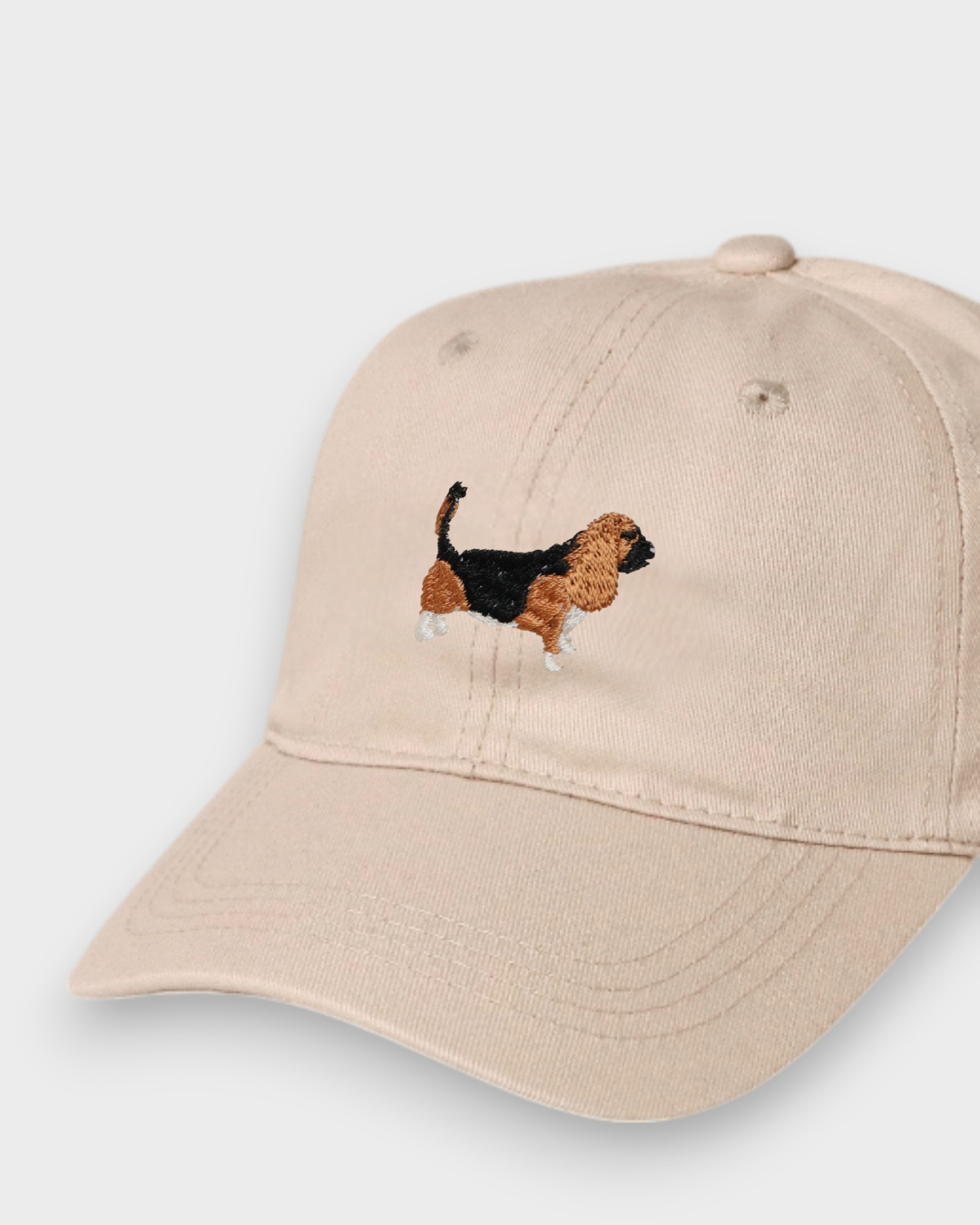 Basset Hound personalised beige cotton baseball hat with embroidered Basset Hound design on front