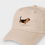 Basset Hound personalised beige cotton baseball hat with embroidered Basset Hound design on front