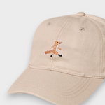 Cream baseball cap with hand-embroidered fox design and personalised back embroidery, 100% washed cotton.