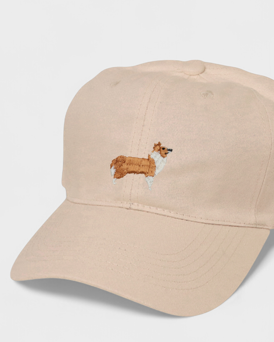 Beige Border Collie personalised baseball hat with embroidered dog design on front and custom text on back