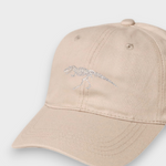 Beige T-Rex embroidered personalised baseball hat made of 100% washed cotton in kids and adult sizes