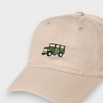 Beige personalised hat with embroidered green Land Cruiser FJ40 design on front made of vintage washed cotton