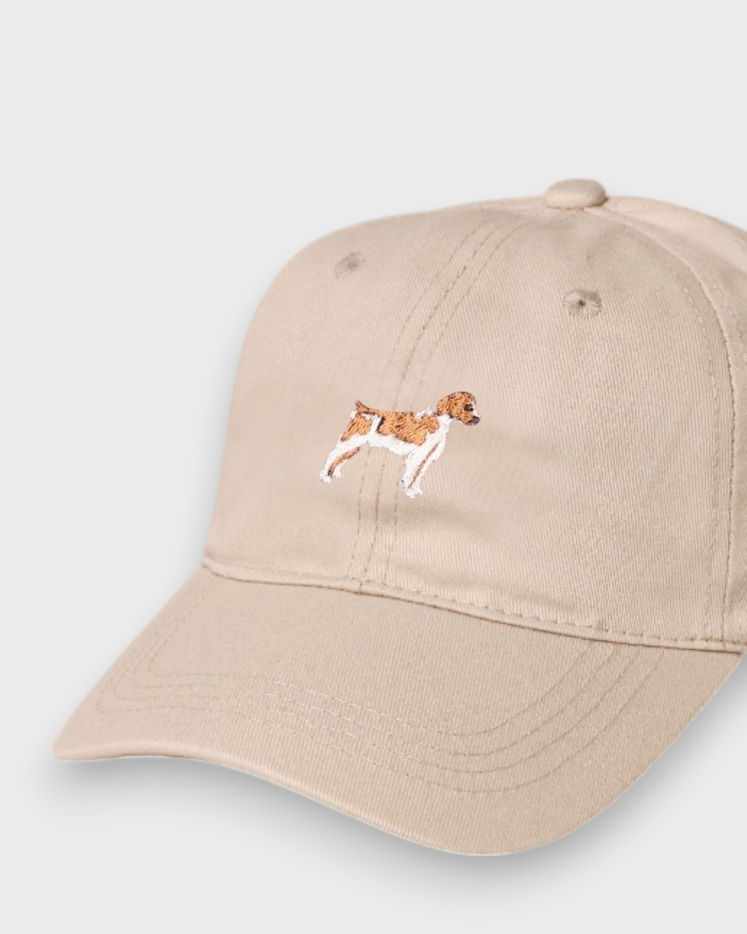 Brittany Spaniel Personalised Hat with hand-embroidered dog design on beige washed cotton baseball cap