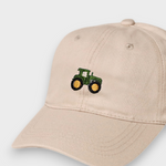 Beige Tractor Personalised Hat with hand-drawn green tractor embroidery, classic baseball fit, made of 100% washed cotton.