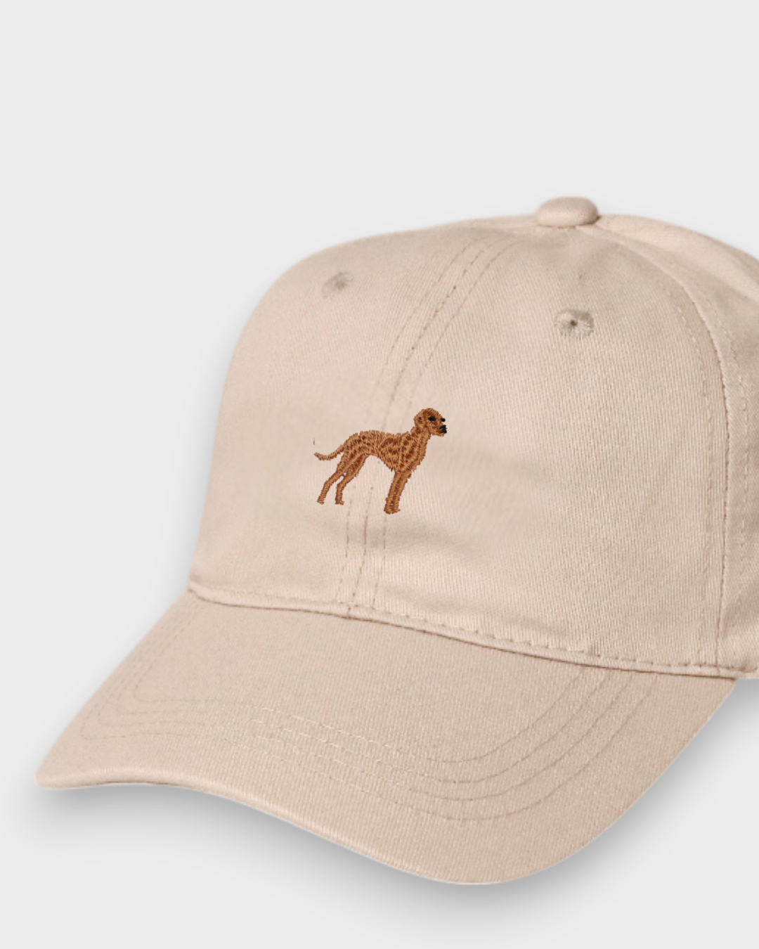 Beige baseball cap with embroidered brown Vizsla dog design on front, made of 100% washed cotton, personalized embroidery option on back.