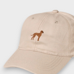 Beige baseball cap with embroidered brown Vizsla dog design on front, made of 100% washed cotton, personalized embroidery option on back.