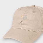 Beige personalised hat with embroidered tennis racket and ball design, made of 100% washed cotton in classic baseball style