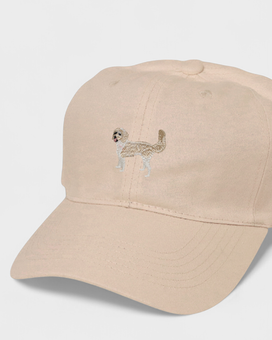 Sheepadoodle Personalised Hat with embroidered dog design on beige washed cotton baseball cap
