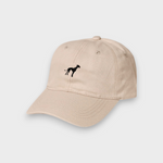 Beige baseball cap with embroidered black Greyhound/Whippet design and personalized back embroidery option