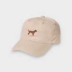 Beige personalised hat with hand-embroidered Labradoodle design on front in classic baseball style.