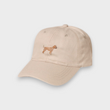 Beige personalised baseball hat featuring hand-drawn Labradoodle embroidery on front made of 100% washed cotton