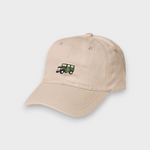 Beige personalised hat with embroidered green Land Cruiser FJ40 design on front made of vintage washed cotton