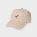 Beige Cavoodle personalised hat with embroidered dog design on front and custom embroidery on back, made of 100% washed cotton baseball cap.