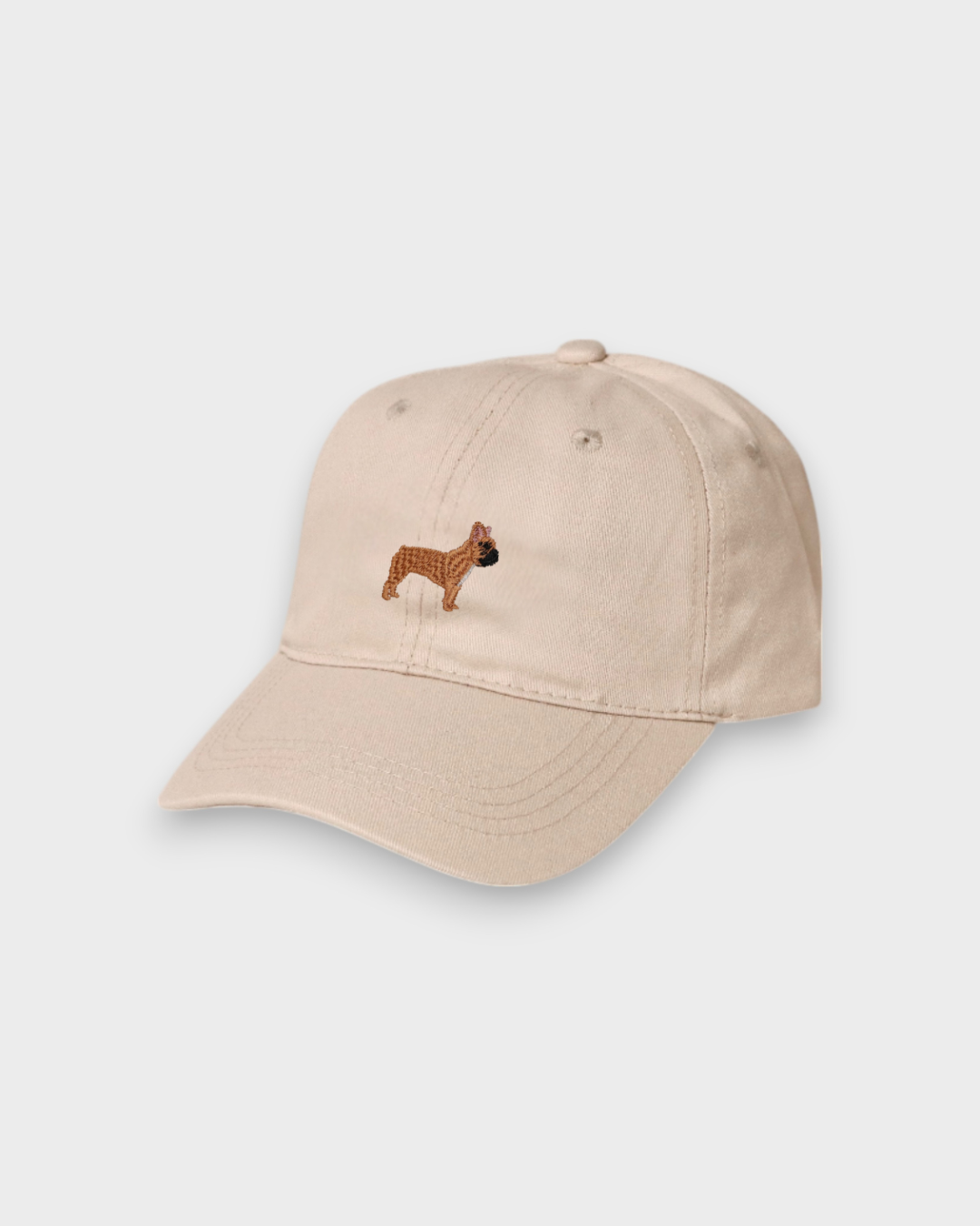 Beige French Bulldog personalised baseball hat with embroidered dog design on front