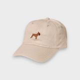 Beige personalised hat with embroidered English Bulldog design on front, made of 100% washed cotton in classic baseball style.