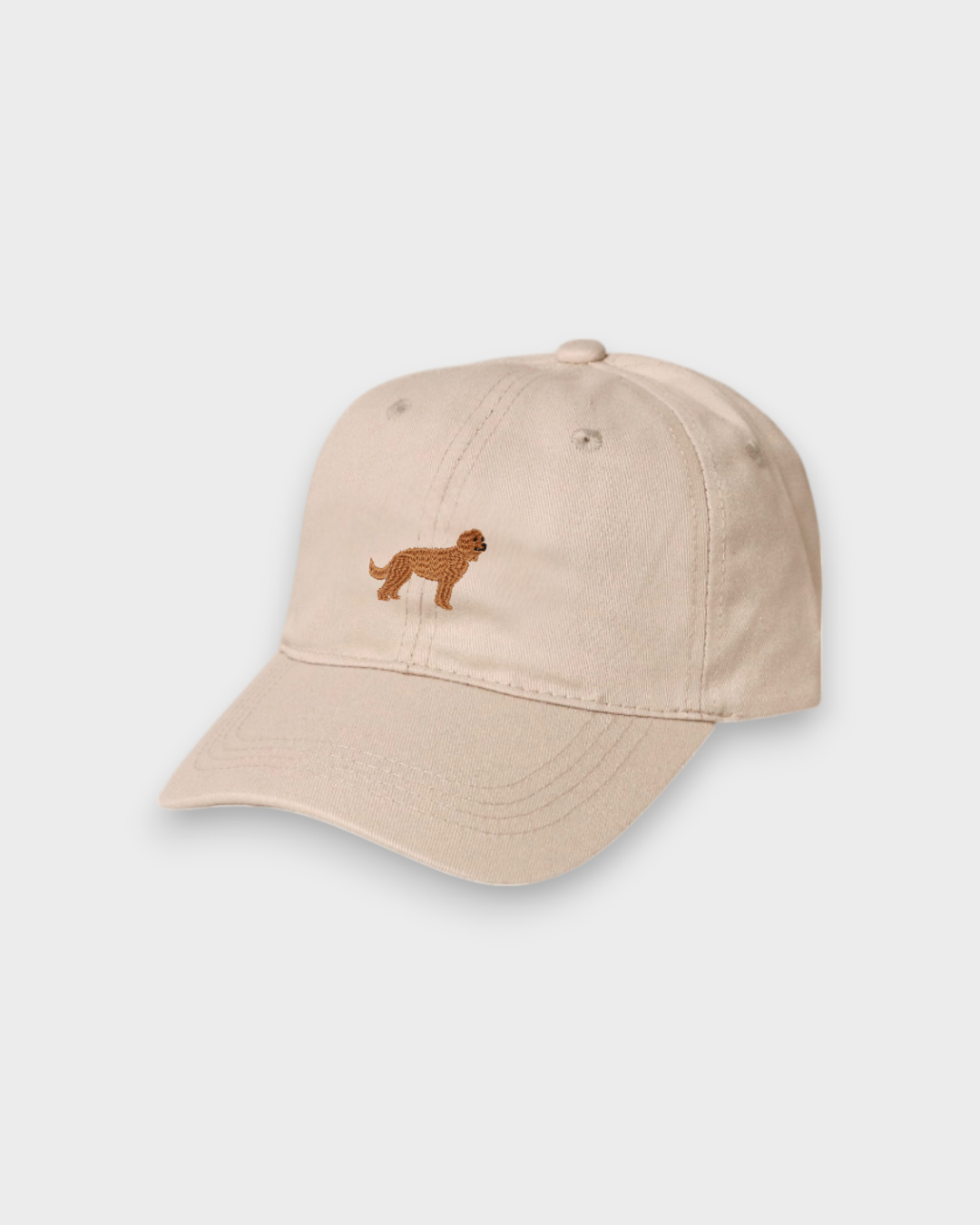 Beige Goldendoodle Personalised Hat with embroidered dog design, made of 100% washed cotton in classic baseball style