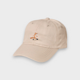 Beige personalised hat with hand-drawn fox embroidery on front made of 100% washed cotton in classic baseball fit