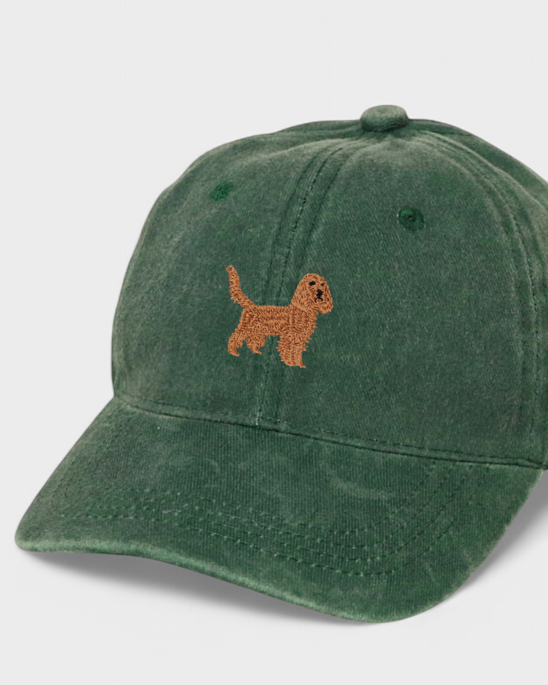 Green baseball cap with embroidered brown Cocker Spaniel design on front, personalised hat made of 100% washed cotton