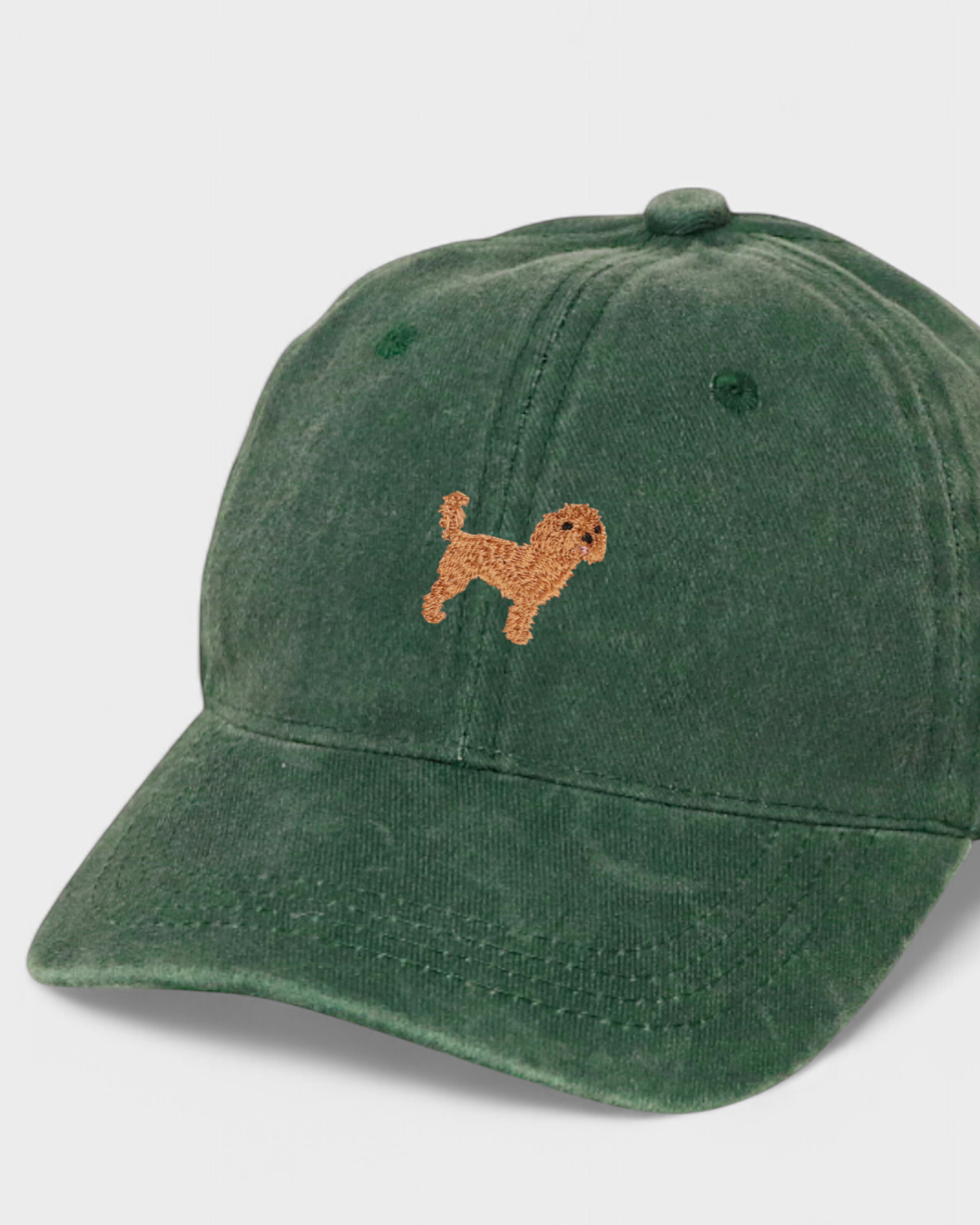 Green cotton baseball cap with hand-embroidered Cavoodle design, personalised embroidery option, Cavoodle Personalised Hat