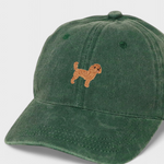 Green cotton baseball cap with hand-embroidered Cavoodle design, personalised embroidery option, Cavoodle Personalised Hat