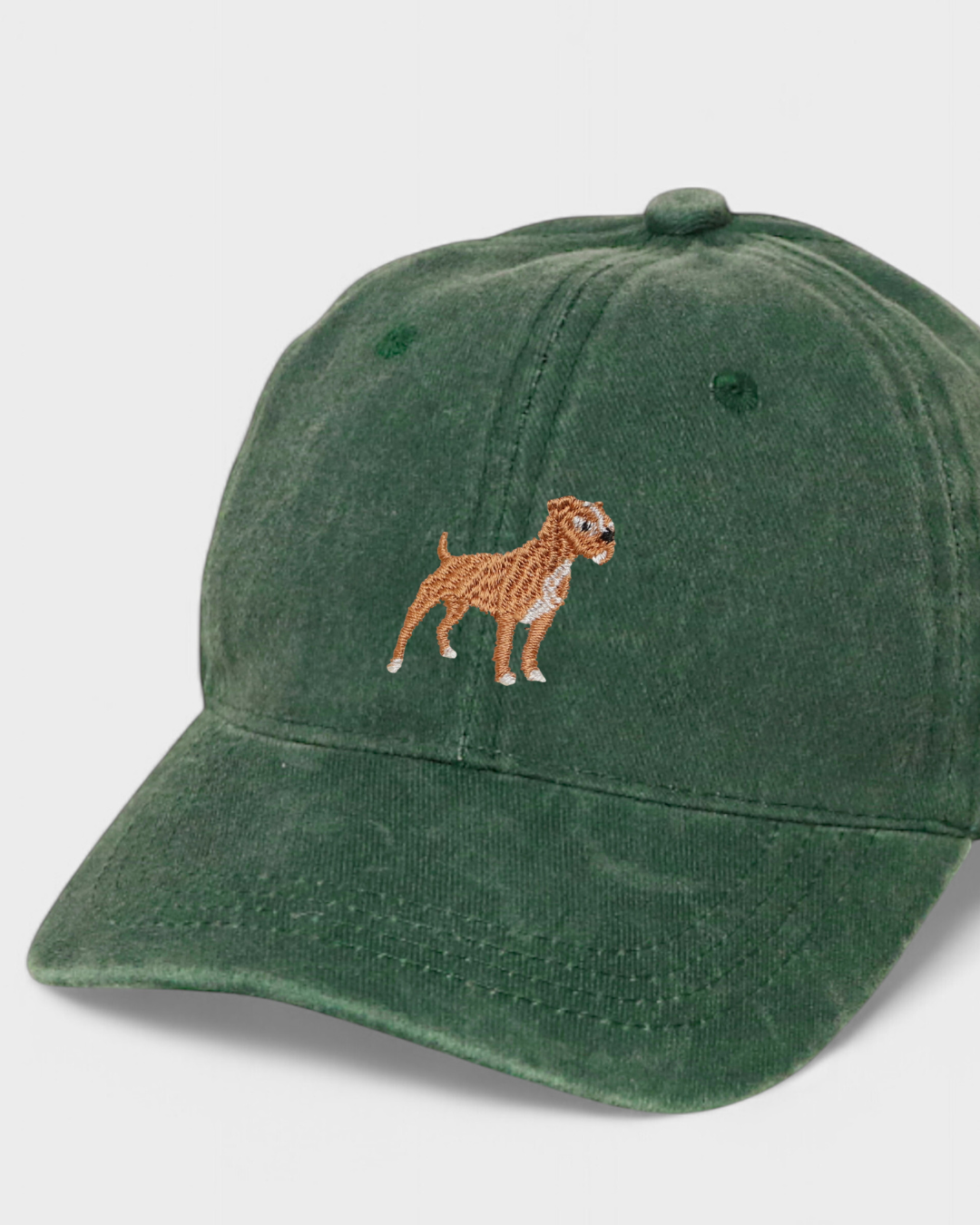 Green Staffordshire Bull Terrier embroidered baseball hat made of 100% washed cotton with personalized back embroidery option
