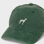 Green washed cotton baseball cap with hand-embroidered greyhound design and customizable back embroidery